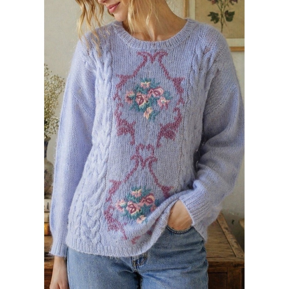 Vtg Studio by Michelle Stuart Mohair Blend Sweater Floral Knit Cottagecore Large